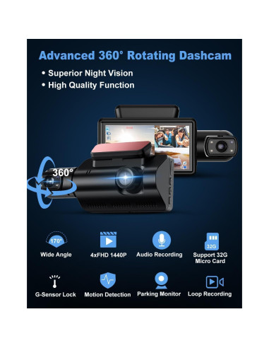 Cámara 360 UOOYOO para coche, Dual 2K + 1080P, IR