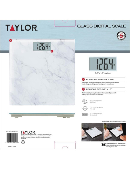 Báscula Digital de Vidrio Taylor para Baño, 181 kg, Mármol
