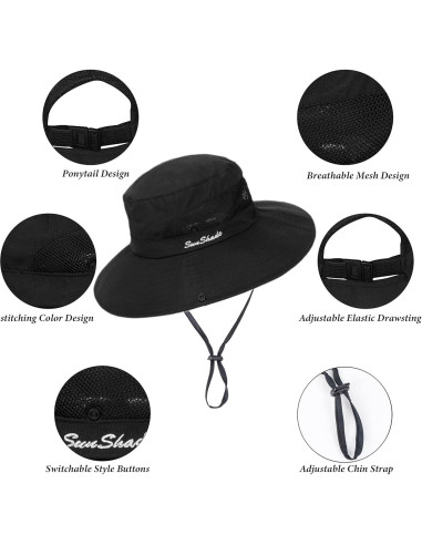 Sombrero de Sol Plegable para Mujeres con Protección UV Negro