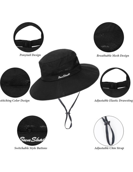 Sombrero de Sol Plegable para Mujeres con Protección UV Negro