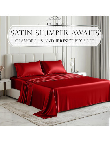 Juego de Sábanas de Satén DECOLURE Queen 4 Piezas Rojo