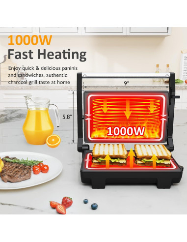 Prensa Panini Eléctrica SUNVIVI 1000W Doble Cara Antiadhesiva