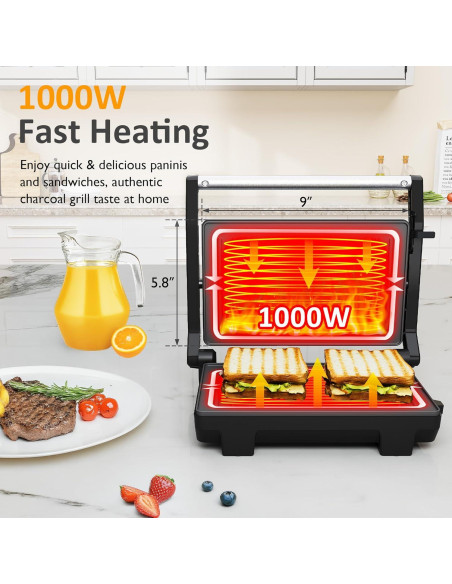 Prensa Panini Eléctrica SUNVIVI 1000W Doble Cara Antiadhesiva