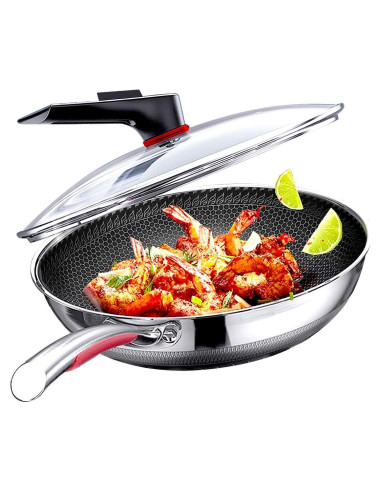Wok Antiadherente MEGOO 32cm Acero Inoxidable con Tapa