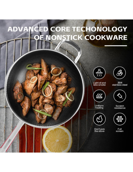 Wok Antiadherente MEGOO 32cm Acero Inoxidable con Tapa