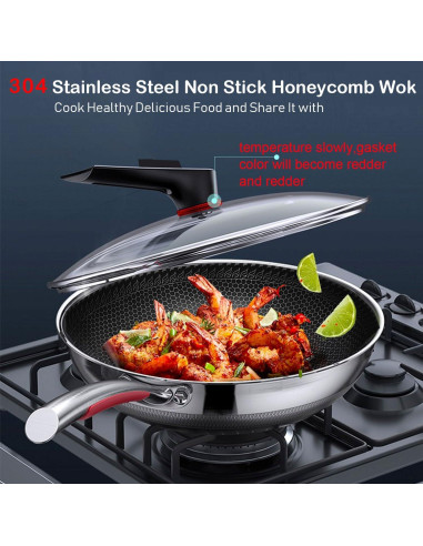 Wok Antiadherente MEGOO 32cm Acero Inoxidable con Tapa
