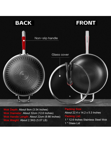 Wok Antiadherente MEGOO 32cm Acero Inoxidable con Tapa