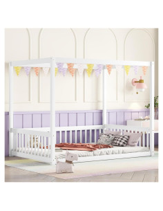 Cama Canopy Completo CNANXU Blanca con Barandillas y Cerca