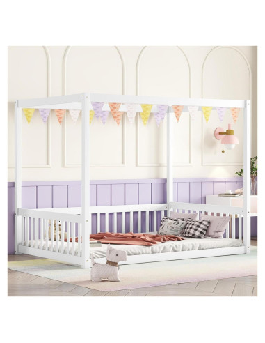 Cama Canopy Completo CNANXU Blanca con Barandillas y Cerca