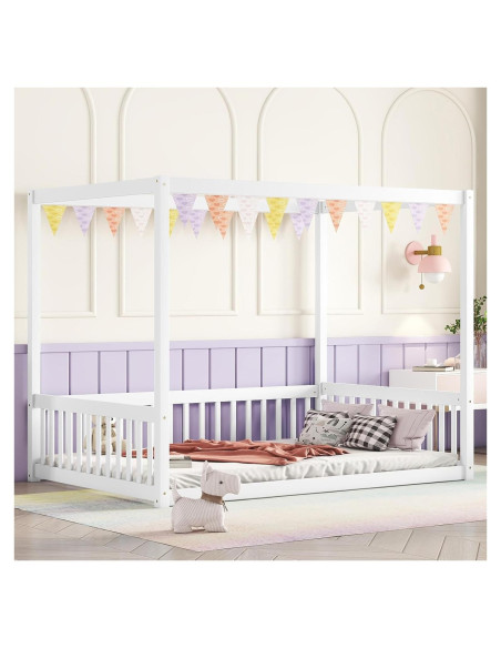 Cama Canopy Completo CNANXU Blanca con Barandillas y Cerca