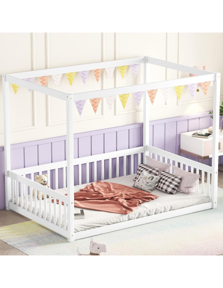 Cama Canopy Completo CNANXU Blanca con Barandillas y Cerca