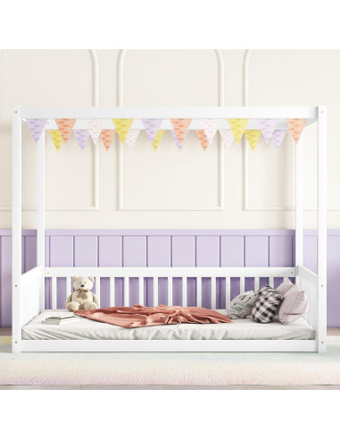 Cama Canopy Completo CNANXU Blanca con Barandillas y Cerca