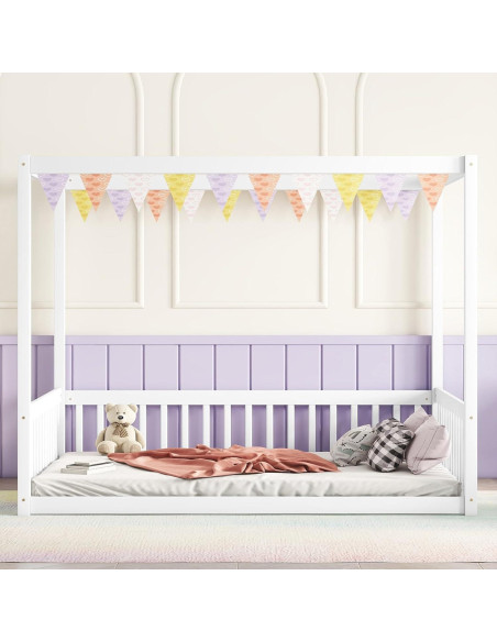 Cama Canopy Completo CNANXU Blanca con Barandillas y Cerca