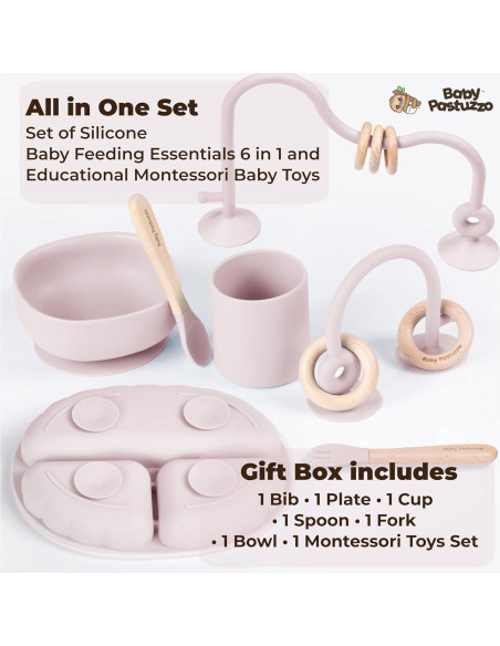 Set de Alimentación de Silicona 8 Piezas para Bebés Rosa Claro