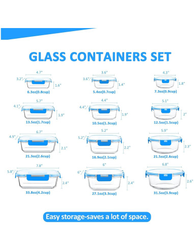 Juego de 24 Recipientes de Vidrio KOMUEE Apilables y Herméticos