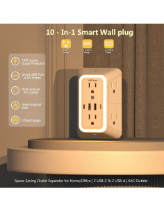 Extensor de Enchufe de Pared ZHONGSHAN con Luz Nocturna y 4 USB 2