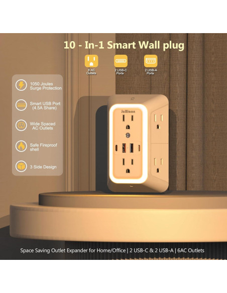 Extensor de Enchufe de Pared ZHONGSHAN con Luz Nocturna y 4 USB