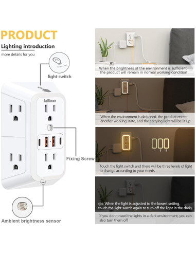 Extensor de Enchufe de Pared ZHONGSHAN con Luz Nocturna y 4 USB