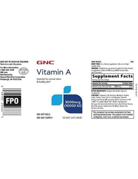 Suplemento de Vitamina A 3000mcg GNC - 180 Cápsulas Blandas