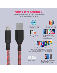 Cable de Cargador Lightning Bawanfa 6M Trenzado Rojo y Negro 2