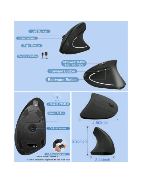 Ratón Ergonómico Inalámbrico BeWishes Vertical 2.4GHz 3 DPI