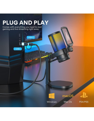 Micrófono USB MAONO DM20 para Gaming con RGB y Cancelación de Ruido