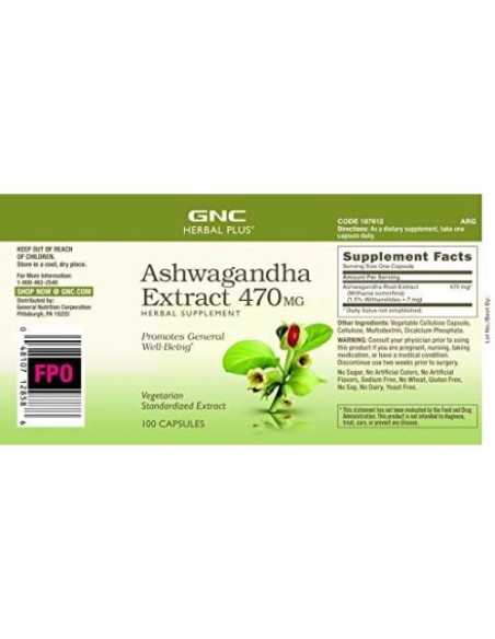 Suplemento Herbal GNC Ashwagandha 470mg Vegetariano 100 Porciones Suplemento Herbal GNC Ashwagandha 470mg Vegetariano 100 Porciones
