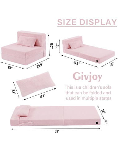 Sofá Cama Plegable para Niños Givjoy Rosa con Almohada