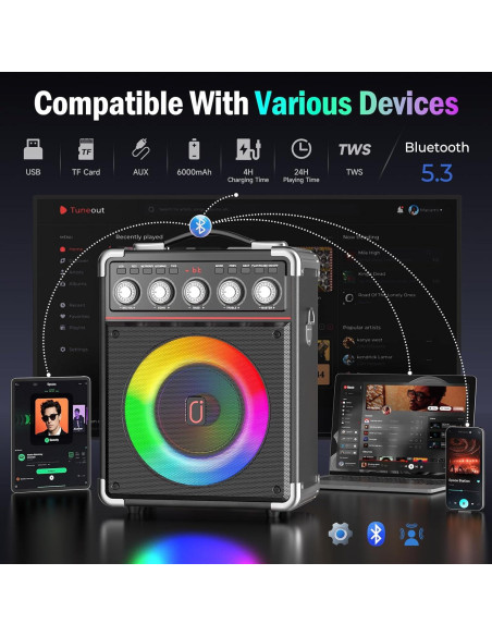 Máquina de Karaoke PPMIC Altavoz Bluetooth 3.98kg 2 Micrófonos