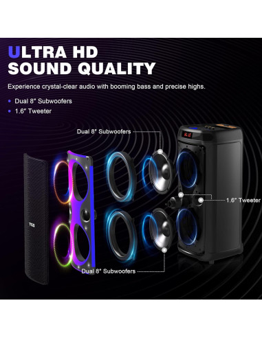 Máquina de Karaoke TGS 8" Bluetooth 120W 2 Micrófonos UHF