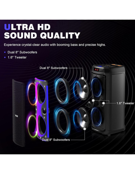 Máquina de Karaoke TGS 8" Bluetooth 120W 2 Micrófonos UHF