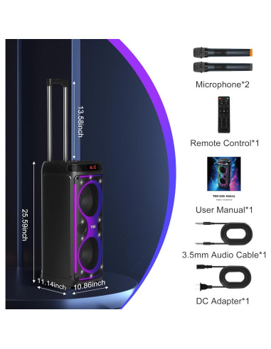 Máquina de Karaoke TGS 8" Bluetooth 120W 2 Micrófonos UHF