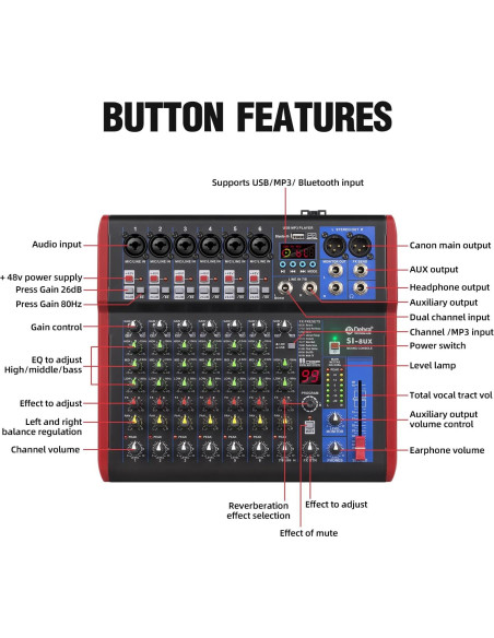 Mezclador de Grabación D Debra SI-8UX con 99 Efectos DSP