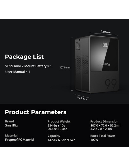 Batería V Mount SmallRig VB99 99Wh 6800mAh Carga Rápida