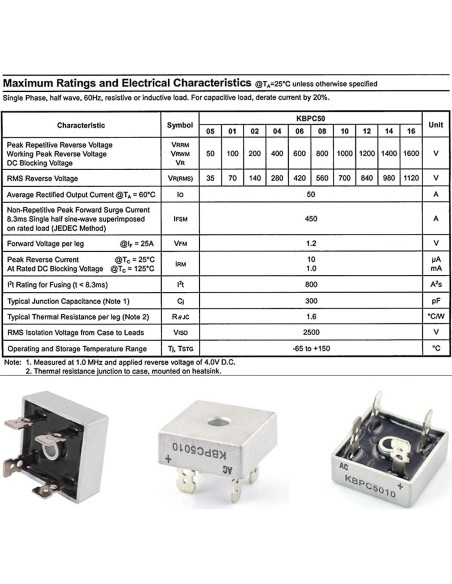 5 Pcs Diodo Rectificador Puente KBPC5010 50A 1000V Monofásico