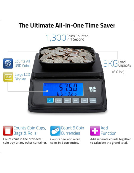 Balanza de Conteo de Monedas ZZap MS10 - 3 KG, Precisión 0.5g
