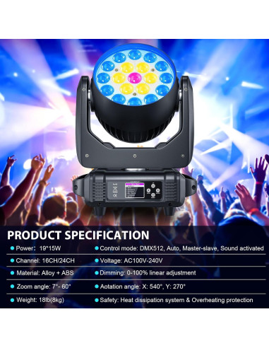 HOLDLAMP Luz de Cabeza Móvil 19x15W RGBW DMX para Eventos