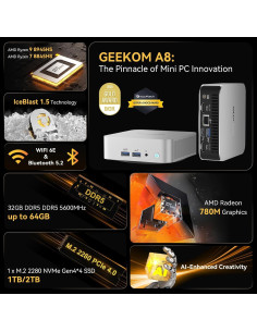 Mini PC GEEKOM A8, Ryzen 9 8945HS, 32GB RAM, 2TB SSD 2