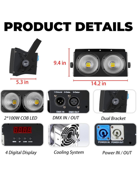 Luces Par COB DJXFLI 2x100W RGBWAuv 6 en 1 para eventos