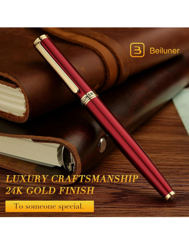 Pluma Fuente BEILUNER Roja y Dorada, Plumín 24K, 0.5mm