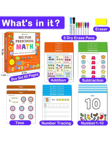 Cuaderno de Matemáticas Preescolar HOQEEWIPE 60 Páginas