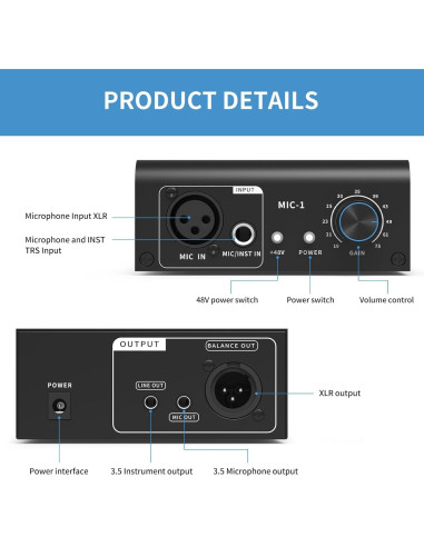 Preamp de Micrófono XTUGA XIC1 48V 2 Entradas XLR