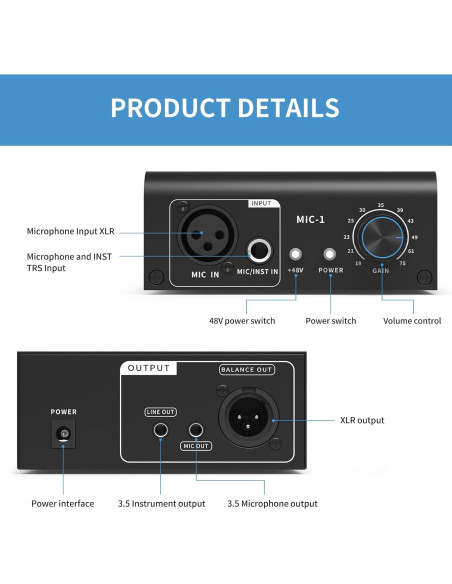 Preamp de Micrófono XTUGA XIC1 48V 2 Entradas XLR