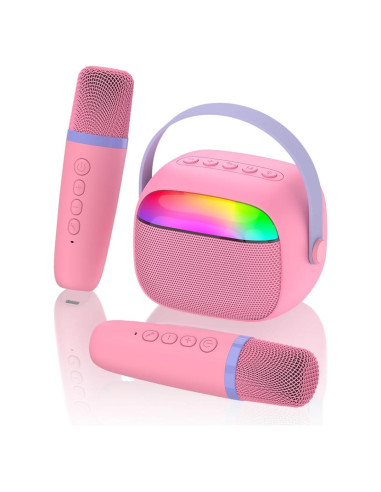 Mini Máquina de Karaoke Rosa Hengchuang con 2 Micrófonos Inalámbricos