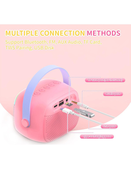 Mini Máquina de Karaoke Rosa Hengchuang con 2 Micrófonos Inalámbricos