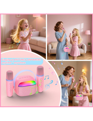Mini Máquina de Karaoke Rosa Hengchuang con 2 Micrófonos Inalámbricos