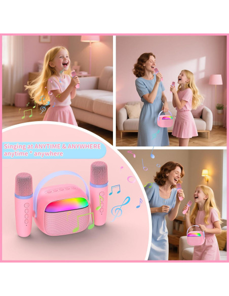Mini Máquina de Karaoke Rosa Hengchuang con 2 Micrófonos Inalámbricos