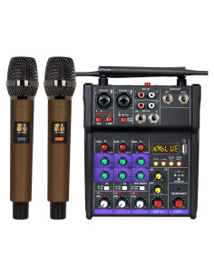 Mezclador de Audio 4 Canales Flyfrow con 2 Micrófonos Inalámbricos