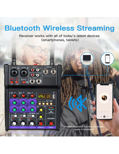 Mezclador de Audio 4 Canales Flyfrow con 2 Micrófonos Inalámbricos