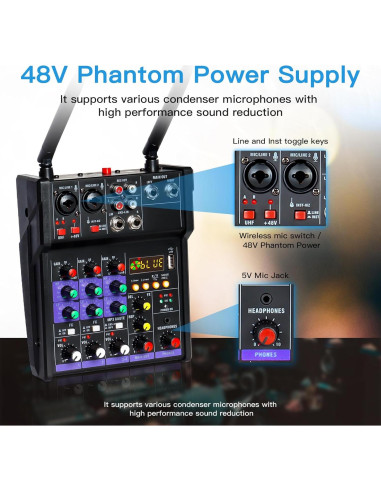 Mezclador de Audio 4 Canales Flyfrow con 2 Micrófonos Inalámbricos